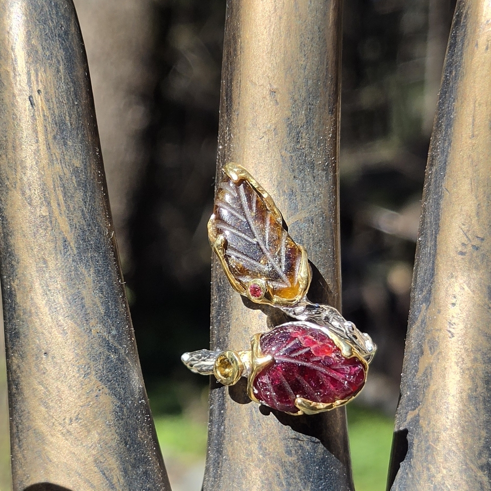Tourmaline 16k & Rhodalite & Citrine Sterling & Gold Wrap Ring Sz9 Adjustable - Picture 3 of 9